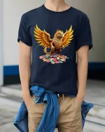 Golden Griffin Casino Art T Shirt Lucky Mythic Power Graphic Tee - model wearing navy tee with hands in pockets