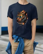 Cyber Tiger Warrior Art T Shirt Fierce Power Graphic Tee - model wearing navy tee with hands in pockets