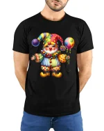 Cute Colorful Clown Art T Shirt Happy Circus Smile Graphic Tee - model wearing black tee with hands behind back