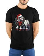 Christmas Pony Wreath Art T Shirt Cute Holiday Magic Graphic Tee - model wearing black tee with hands behind back