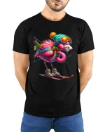 Skiing Flamingo Art T Shirt Funny Winter Adventure Graphic Tee - model wearing black tee with hands behind back