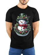 Christmas Snowman T Shirt Cozy Holiday Wreath Art Graphic Tee - model wearing black tee with hands behind back