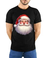 Smiling Santa Face T Shirt Classic Christmas Cheer Graphic Tee - model wearing black tee with hands behind back