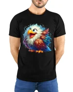 Cute Colorful Eagle Art T Shirt Happy Feather Burst Graphic Tee - model wearing black tee with hands behind back