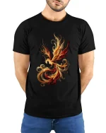 Abstract Fire Phoenix Art T Shirt Elegant Flame Motion Graphic Tee - model wearing black tee with hands behind back