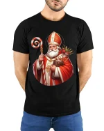 Saint Nicholas Christmas Art T Shirt Classic Holiday Tradition Graphic Tee - model wearing black tee with hands behind back