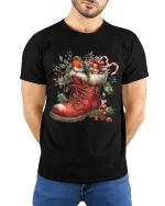 Christmas Robin Boot Art T Shirt Cozy Holiday Charm Graphic Tee - model wearing black tee with hands behind back