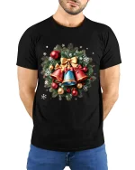 Christmas Bells Wreath Art T Shirt Classic Holiday Harmony Graphic Tee - model wearing black tee with hands behind back