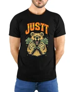Just Money Bear T Shirt Funny Rich Bear Cash Graphic Tee - model wearing black tee with hands behind back