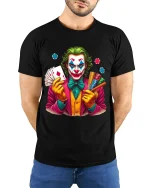 Crazy Joker Casino Art T Shirt Bold Cards And Chips Graphic Tee - model wearing black tee with hands behind back