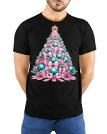 Pastel Christmas Tree Art T Shirt Elegant Holiday Decor Graphic Tee - model wearing black tee with hands behind back