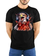 Rocking Eagle Headphones Art T Shirt Loud Music Freedom Graphic Tee - model wearing black tee with hands behind back