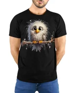 Cute Fluffy Owl Art T Shirt Adorable Big Eyes Graphic Tee - model wearing black tee with hands behind back