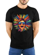 Color Splash Face Art T Shirt Loud Expression Graphic Tee - model wearing black tee with hands behind back