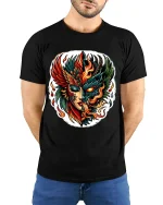 Fire and Shadow Phoenix Face T Shirt Mythic Power Art Tee - model wearing black tee with hands behind back