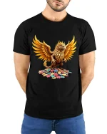 Golden Griffin Casino Art T Shirt Lucky Mythic Power Graphic Tee - model wearing black tee with hands behind back