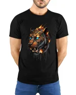 Cyber Tiger Warrior Art T Shirt Fierce Power Graphic Tee - model wearing black tee with hands behind back