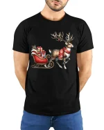 Christmas Reindeer Sleigh Art T Shirt Festive Holiday Magic Tee - model wearing black tee with hands behind back