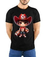Cute Football Cowboy Kid Art T Shirt Playful Game Day Spirit Tee - model wearing black tee with hands behind back