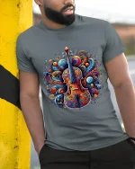 Psychedelic Violin Art T Shirt Musical Soul Graphic Tee - model wearing grey tee, leaning on column