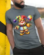 Cute Colorful Clown Art T Shirt Happy Circus Smile Graphic Tee - model wearing grey tee, leaning on column