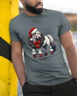 Christmas Pony Wreath Art T Shirt Cute Holiday Magic Graphic Tee - model wearing grey tee, leaning on column