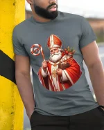 Saint Nicholas Christmas Art T Shirt Classic Holiday Tradition Graphic Tee - model wearing grey tee, leaning on column