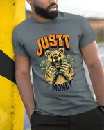 Just Money Bear T Shirt Funny Rich Bear Cash Graphic Tee - model wearing grey tee, leaning on column