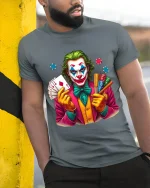 Crazy Joker Casino Art T Shirt Bold Cards And Chips Graphic Tee - model wearing grey tee, leaning on column