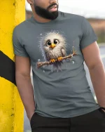 Cute Fluffy Owl Art T Shirt Adorable Big Eyes Graphic Tee - model wearing grey tee, leaning on column