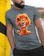 Funny Cartoon Lion Smile T Shirt Happy Wild Animal Graphic Tee - model wearing grey tee, leaning on column