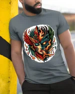 Fire and Shadow Phoenix Face T Shirt Mythic Power Art Tee - model wearing grey tee, leaning on column