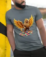 Golden Griffin Casino Art T Shirt Lucky Mythic Power Graphic Tee - model wearing grey tee, leaning on column