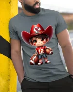 Cute Football Cowboy Kid Art T Shirt Playful Game Day Spirit Tee - model wearing grey tee, leaning on column