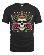 Royal Skull With Crown And Roses Art Tee Bold Graphic TShirt - black t-shirt on white background