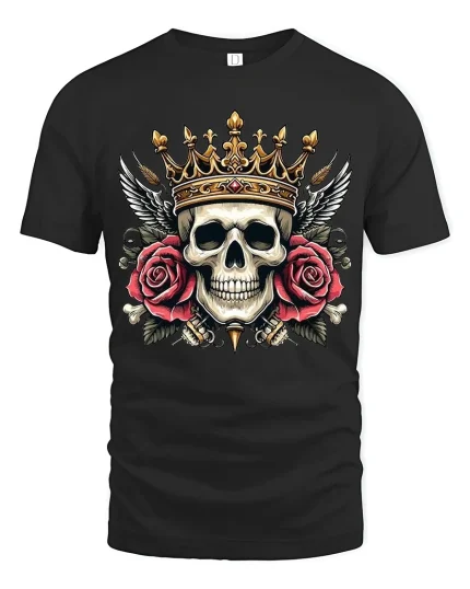 Royal Skull With Crown And Roses Art Tee Bold Graphic TShirt - black t-shirt on white background