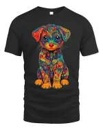Colorful Psychedelic Puppy Art Tee Cute Rainbow Dog Graphic TShirt - black t-shirt on white background