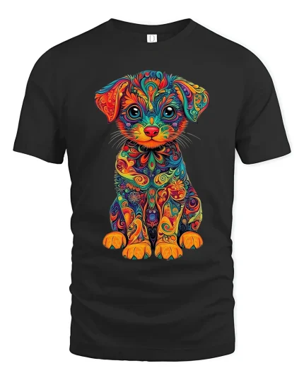 Colorful Psychedelic Puppy Art Tee Cute Rainbow Dog Graphic TShirt - black t-shirt on white background