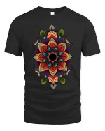 Colorful Mandala Flower Art Tee Sacred Geometry Graphic TShirt - black t-shirt on white background
