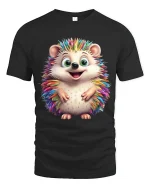 Cute Rainbow Hedgehog Art Tee Happy Colorful Animal Graphic TShirt - black t-shirt on white background