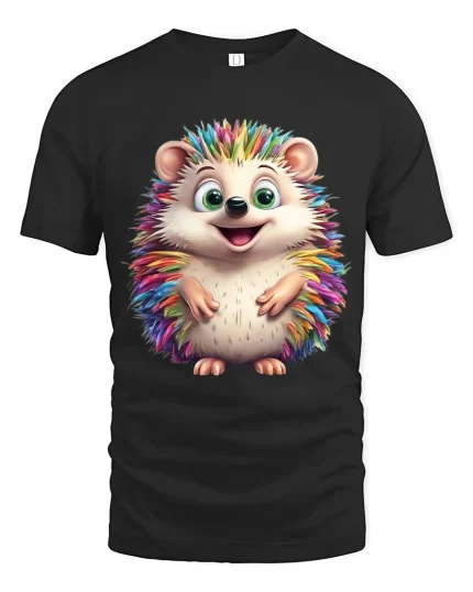 Cute Rainbow Hedgehog Art Tee Happy Colorful Animal Graphic TShirt - black t-shirt on white background