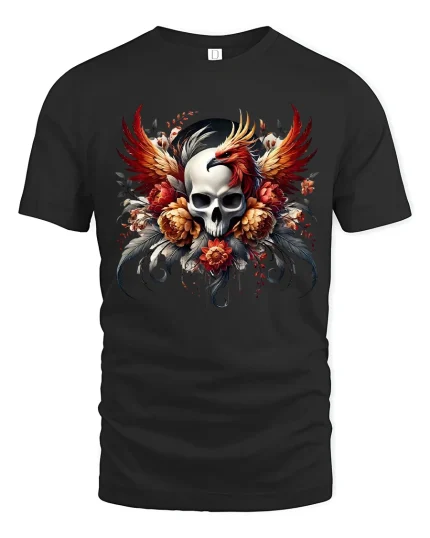 Phoenix Skull Floral Art Tee Dark Fantasy Fire Graphic TShirt - black t-shirt on white background