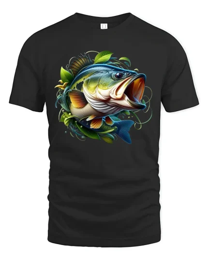 Aggressive Bass Fish Nature Art Tee Bold Fishing Graphic TShirt - black t-shirt on white background
