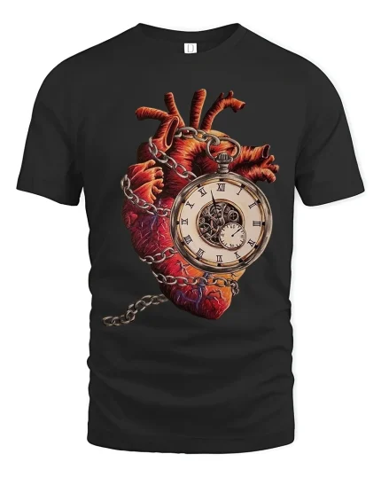 Surreal Anatomical Heart Clock Art Tee Time And Life Graphic TShirt - black t-shirt on white background