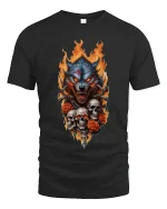 Flaming Wolf Skull Art Tee Dark Predator Graphic TShirt - black t-shirt on white background