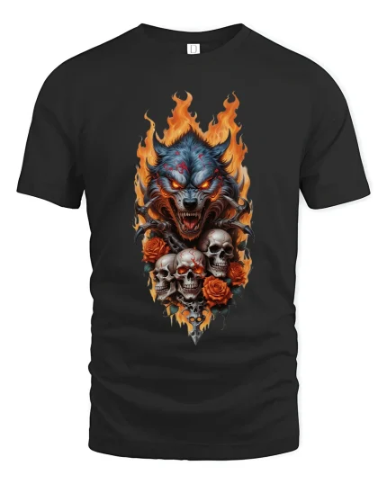 Flaming Wolf Skull Art Tee Dark Predator Graphic TShirt - black t-shirt on white background