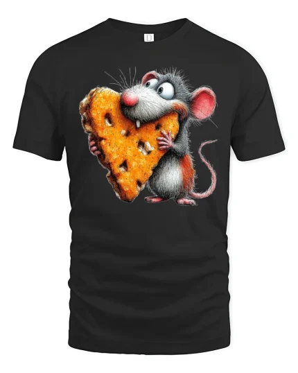 Funny Mouse Hugging Cheese Art Tee Cute Cartoon Graphic TShirt - black t-shirt on white background