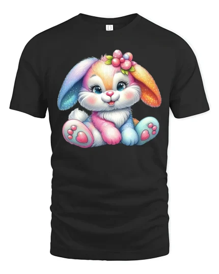 Cute Pastel Bunny Art Tee Adorable Rainbow Rabbit Graphic TShirt - black t-shirt on white background