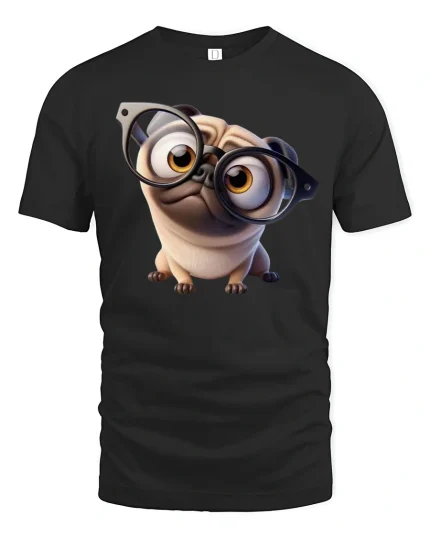 Funny Nerd Pug With Glasses Tee Cute Dog Cartoon Graphic TShirt - black t-shirt on white background
