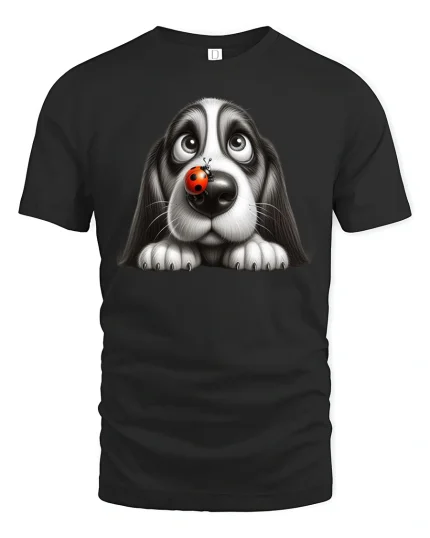 Cute Puppy With Ladybug Nose Tee Adorable Dog Cartoon Graphic TShirt - black t-shirt on white background